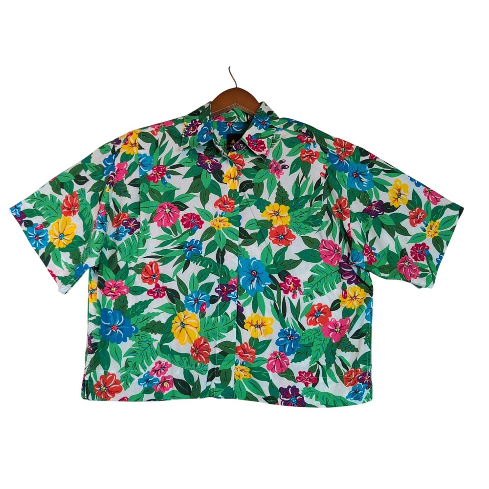 Vintage Lizsport Sm Floral Cotton Button Down Crop Shirt Shoulder Pads Hong Kong